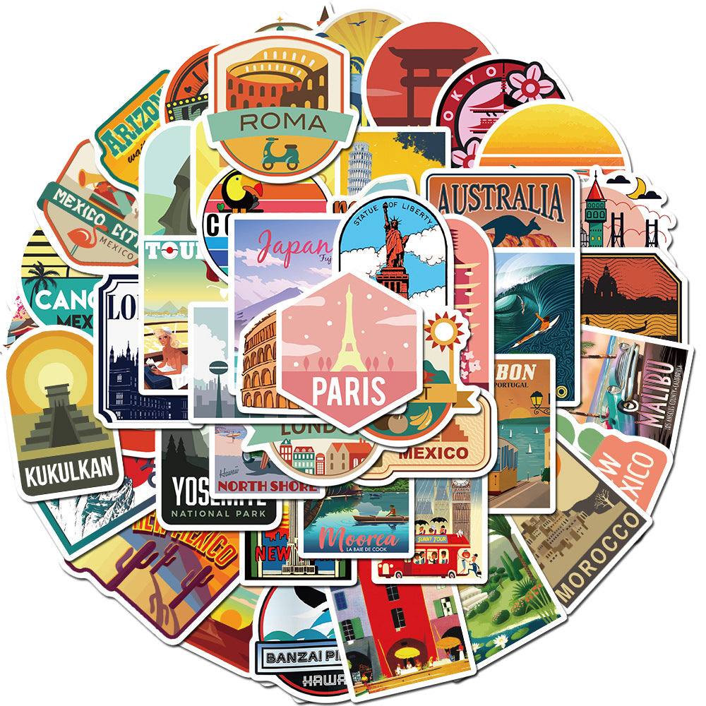 50pcs Travel Cityscape Stickers - Waterproof Decals