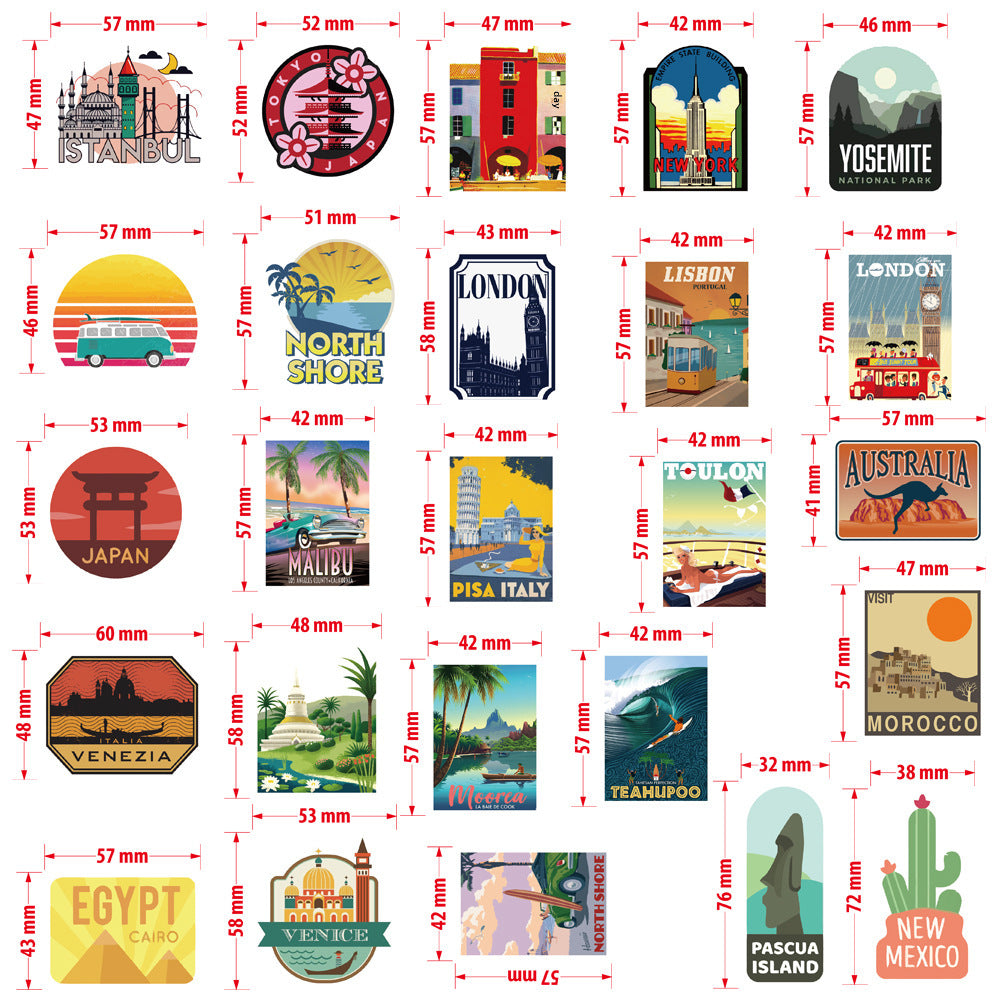 50pcs Travel Cityscape Stickers - Waterproof Decals