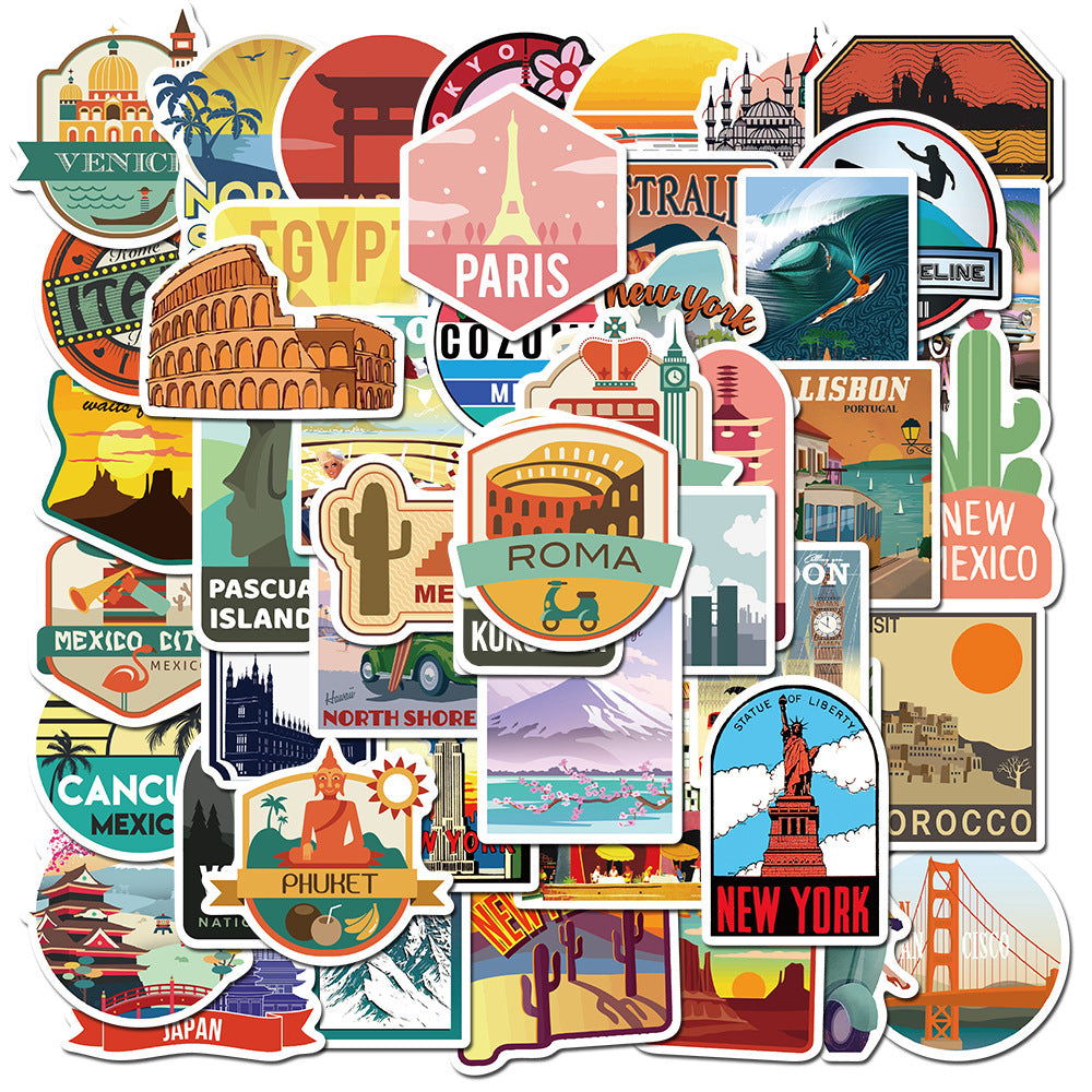 50pcs Travel Cityscape Stickers - Waterproof Decals