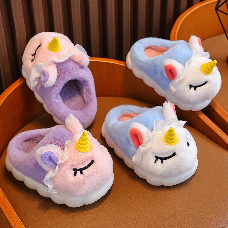 Kids' Winter Unicorn Slippers - Warm Plush Indoor Shoes