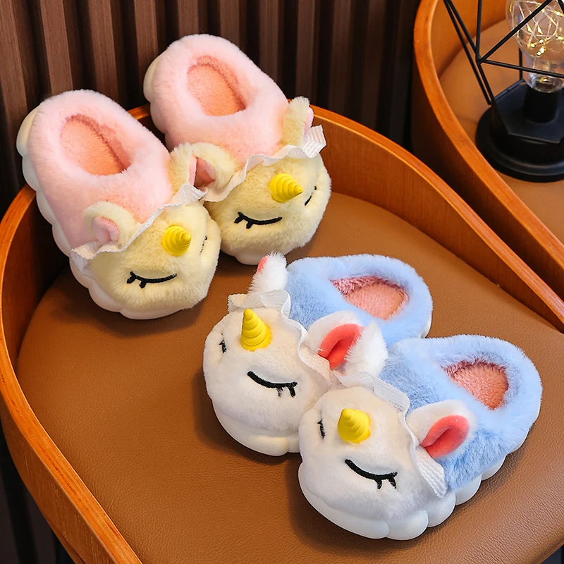 Kids' Winter Unicorn Slippers - Warm Plush Indoor Shoes