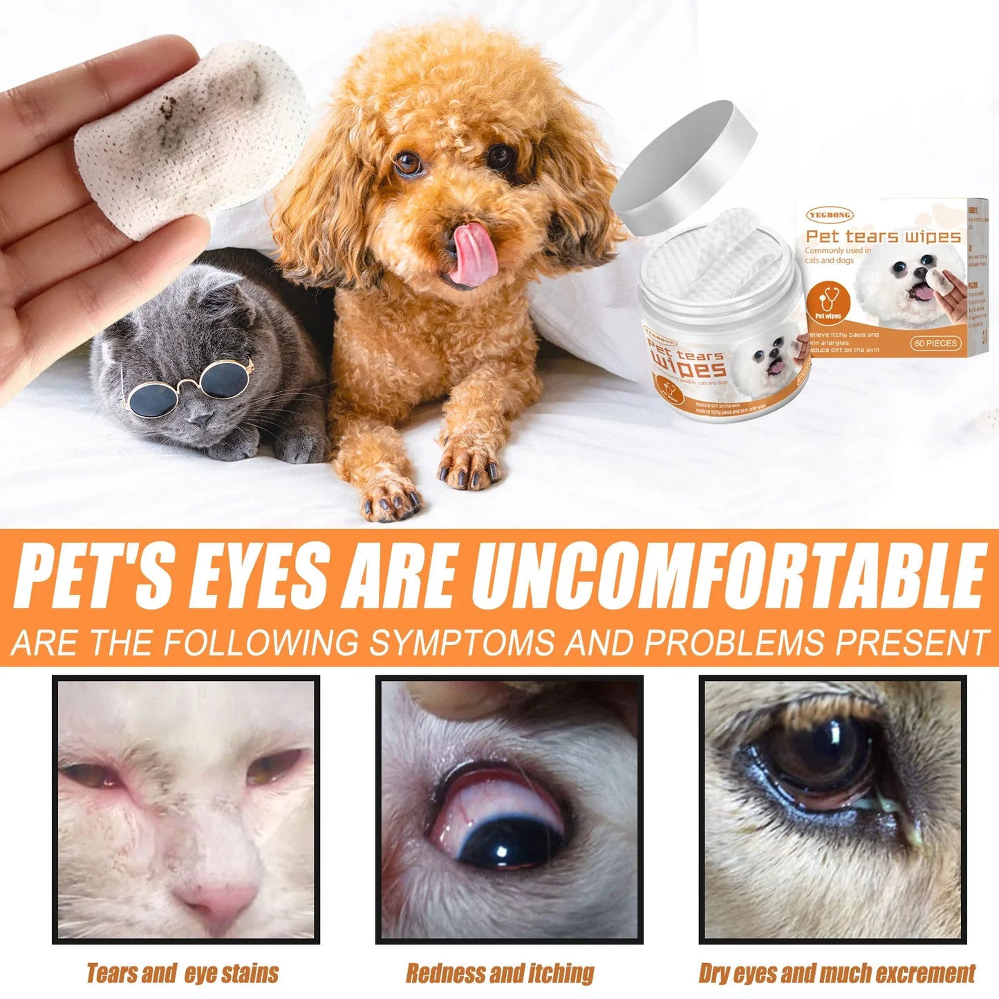 Pet Wipes, Cotton Pads for Dogs, Cats, Remove Tear Marks, Eye Cleaning