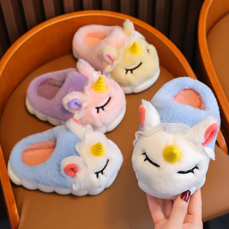 Kids' Winter Unicorn Slippers - Warm Plush Indoor Shoes