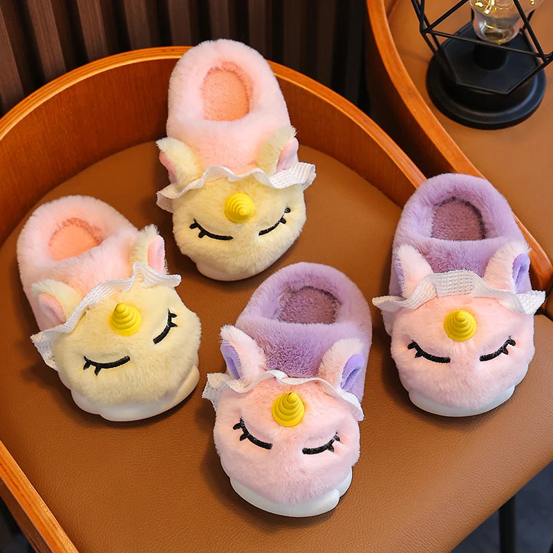 Kids' Winter Unicorn Slippers - Warm Plush Indoor Shoes